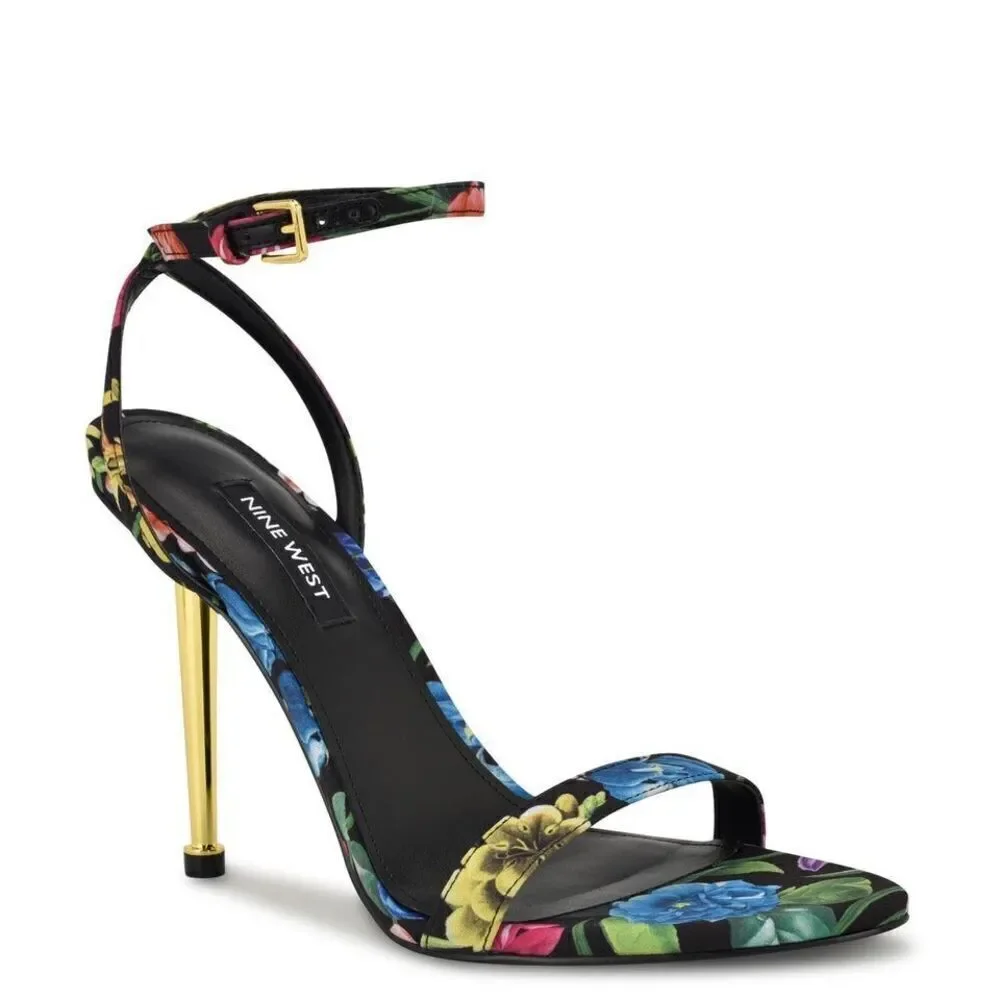 Nine West Reina Black Floral Ankle Strap Sandal Heels Size 10.5